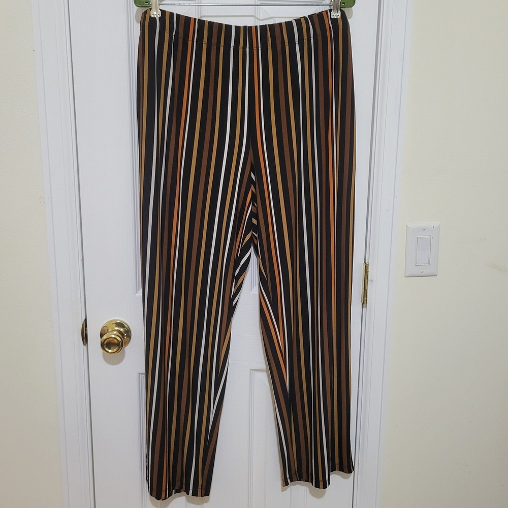 Susan Graver Liquid Knit Striped Pull On Pants Brown Orange Black Petite 1XP